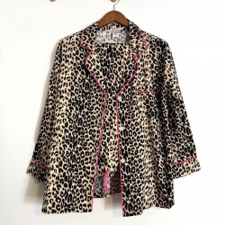 Leopard Print Cotton Pajama Set Hot Pink Trim Button Down Wide Leg Large