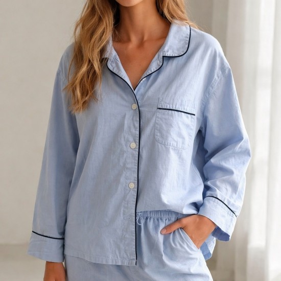 Pajamas Azul Claro Top Cotton Abotonado Camisa para Dormir Preppy Pequeña